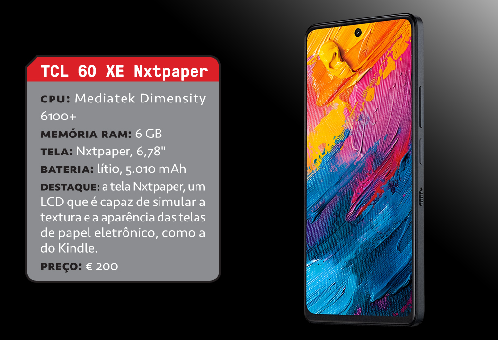 Imagem, em fundo escuro, de um smartphone e sua ficha t&eacute;cnica.