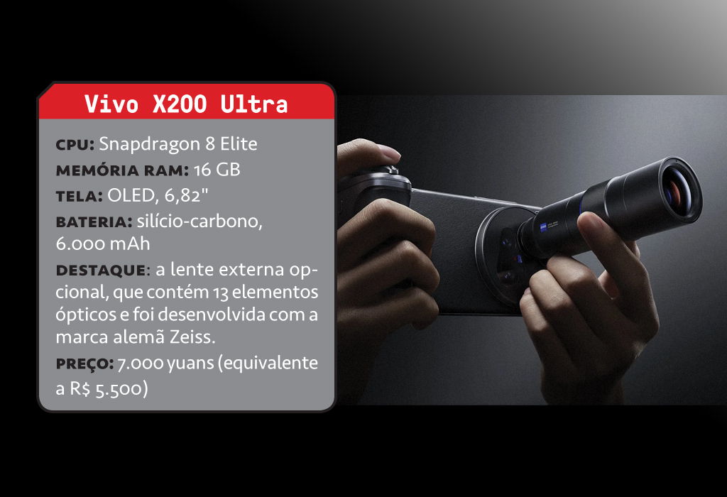 Imagem, em fundo escuro, de um smartphone e sua ficha t&eacute;cnica.