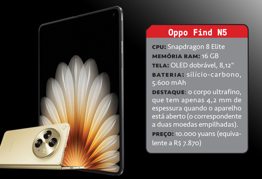 Imagem, em fundo escuro, de um smartphone e sua ficha t&eacute;cnica.