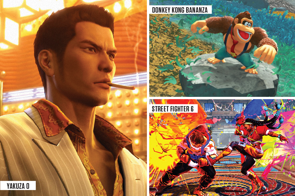 Imagem com tr&ecirc;s cenas dos jogos do Switch 2: Yakuza O, Donkey Kong Bananza e Street Fighter 6.