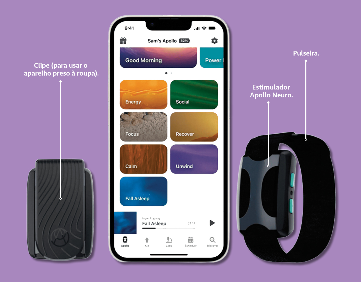 Imagem, em fundo roxo, de um smartphone, uma pulseira e um clipe.