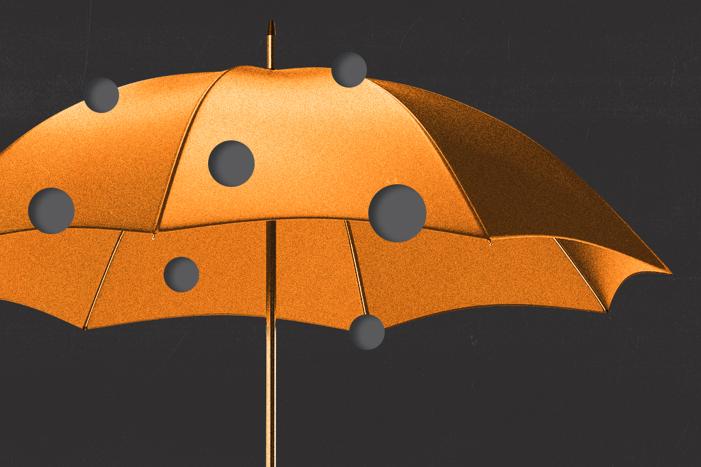 Imagem, em fundo preto, de uma guarda-chuva aberto dourado sendo crivado com esferas cinzas.