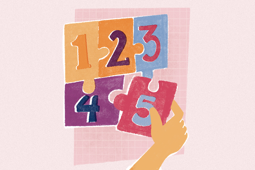 Ilustra&ccedil;&atilde;o, em fundo rosa, de um quebra-cabe&ccedil;a de cinco pe&ccedil;as.