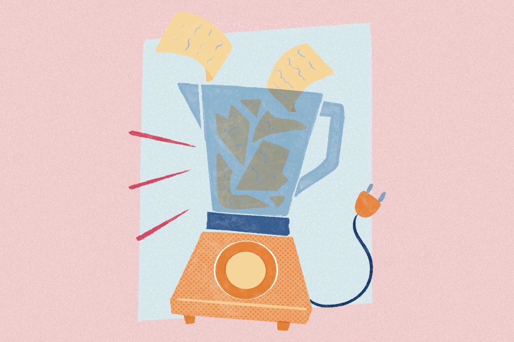 Ilustra&ccedil;&atilde;o, em fundo rosa, de um liquidificador triturando pap&eacute;is.