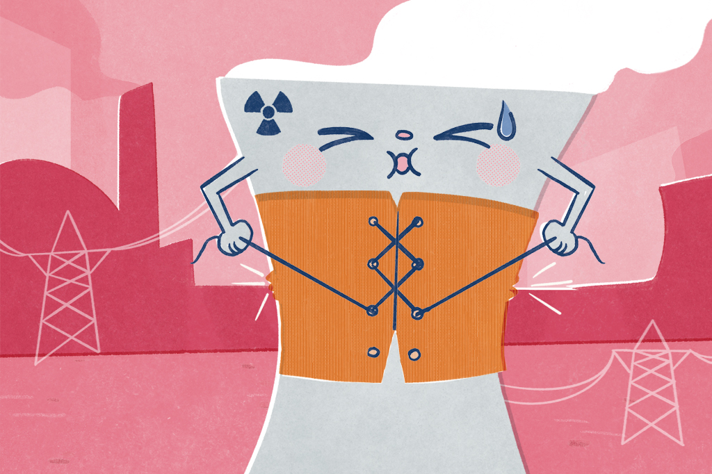 Ilustração cômica, em fundo rosa, de uma chaminé de usina nuclear usando um espartilho.