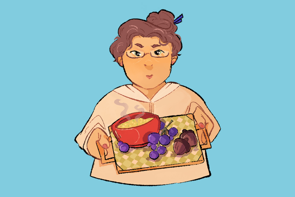 Ilustra&ccedil;&atilde;o, em fundo azul, de uma mulher carregando uma bandeja com uma tigela de sopa, cachos de uva e duas bolotas de carvalho.