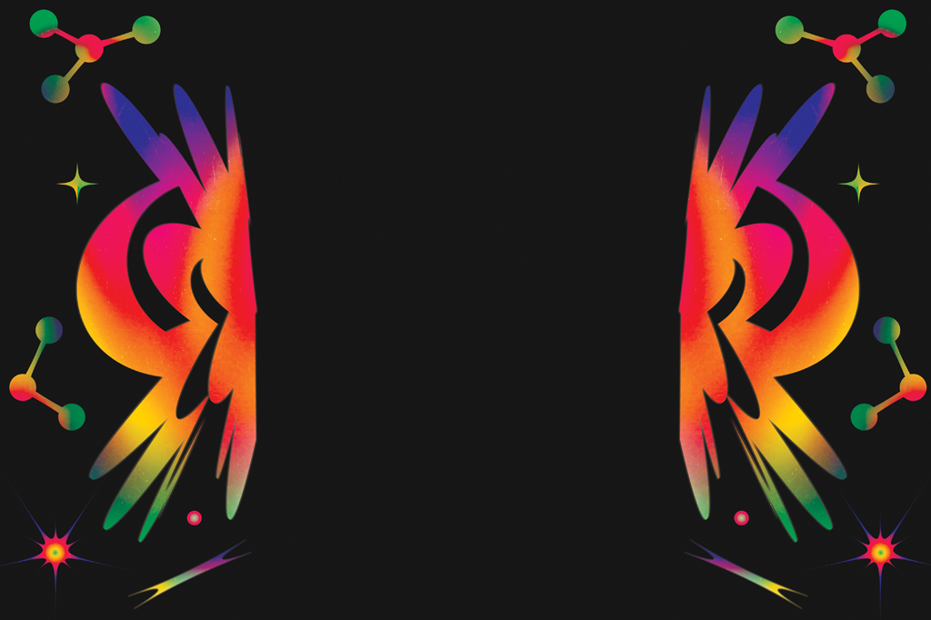 Imagem conceitual, em fundo preto, em fundo preto, em fundo preto, com estruturas moleculares espelhadas e multicoloridas em formato de borboleta.