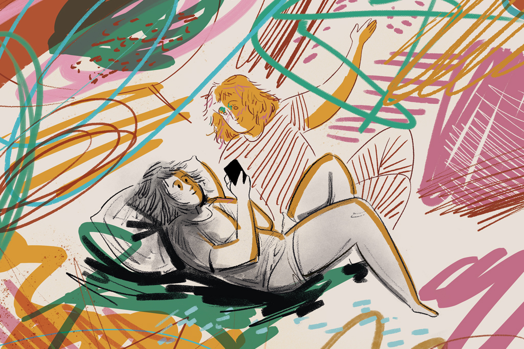 Ilustra&ccedil;&atilde;o de uma garota deitada na cama, usando um smartphone projetando uma outra pessoa amig&aacute;vel e sorridente. Ao redor, v&ecirc;-se muitos rabiscos coloridos.