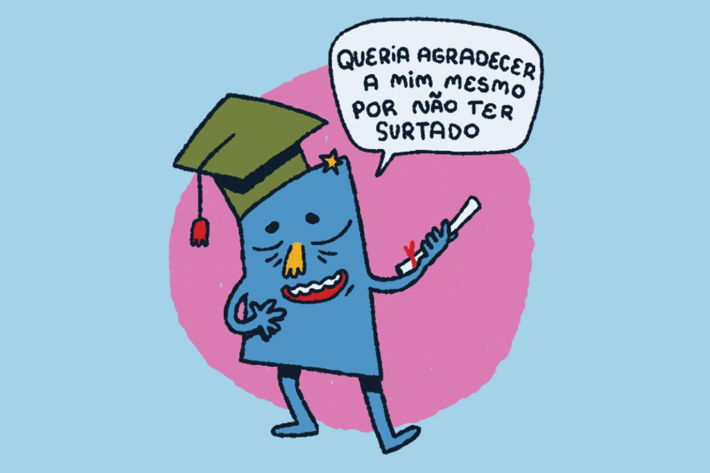Ilustra&ccedil;&atilde;o, em fundo azul claro, de folha de papel com chap&eacute;u e diploma de graduado.