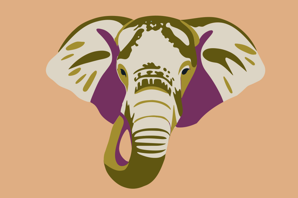 Ilustra&ccedil;&atilde;o, em fundo marrom, de uma cabe&ccedil;a de elefante.