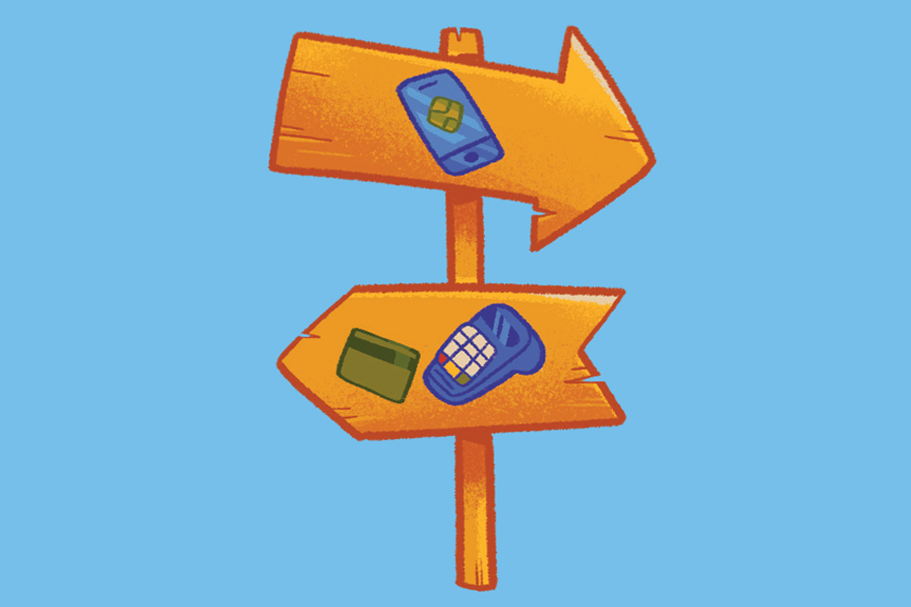 Ilustra&ccedil;&atilde;o, em fundo azul, de um poste com duas placas de sinaliza&ccedil;&atilde;o em formato de seta. Na placa de cima, apontando para direita, v&ecirc;-se um &iacute;cone de smartphone. Na placa de baixo, apontando para esquerda, v&ecirc;-se um &iacute;cone de cart&atilde;o e outro de telefone.