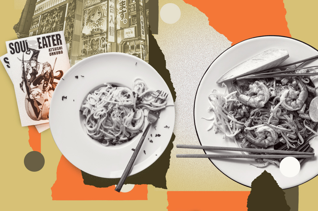 Colagem, em fundo marrom claro, composta de imagens de dois pratos de macarr&atilde;o e um mang&aacute;.