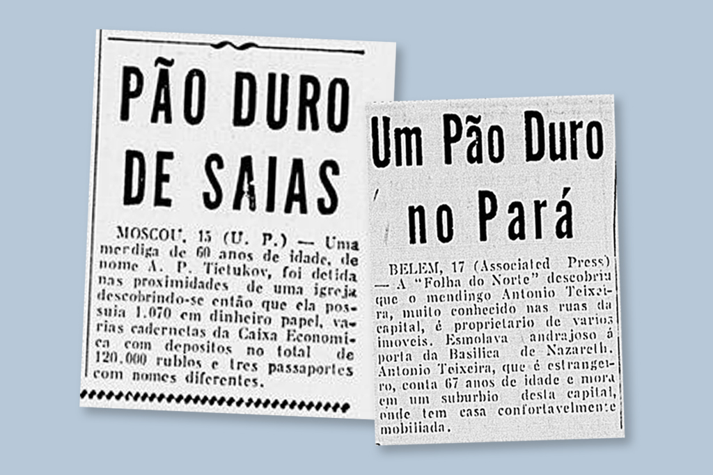 Imagem, em fundo lil&aacute;s, com recorte de duas not&iacute;cias de jornal.
