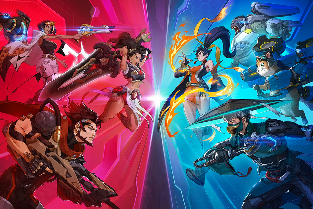 Imagem de dois grupos distintos de enfrentando. Cena do jogo Overwatch.