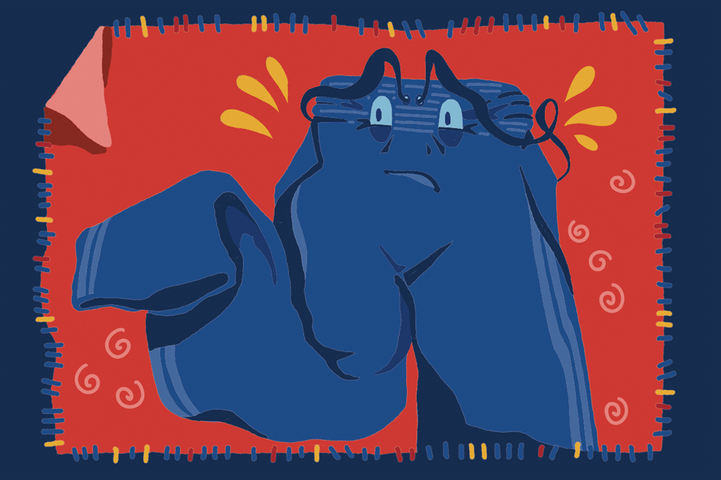 Ilustração, em fundo azul escuro, de uma calça sobre um tapete vermelho.