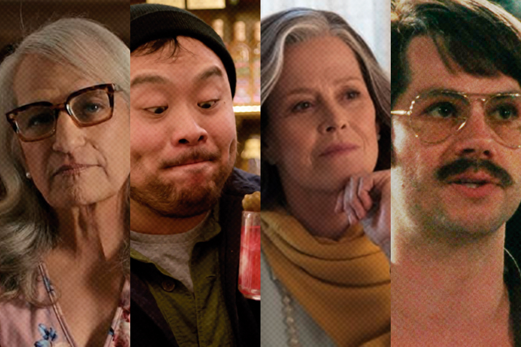 Montagem com fotos dos filmes: Will & Harper, Ugly Delicious, O Meu Ano com Salinger e Saturday Night: A Noite que Mudou a Comédia.